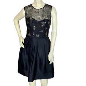 Lela Rose Black Silk Pleated Sweetheart Dress Netted Sequin Bodice Overlay Sz 6